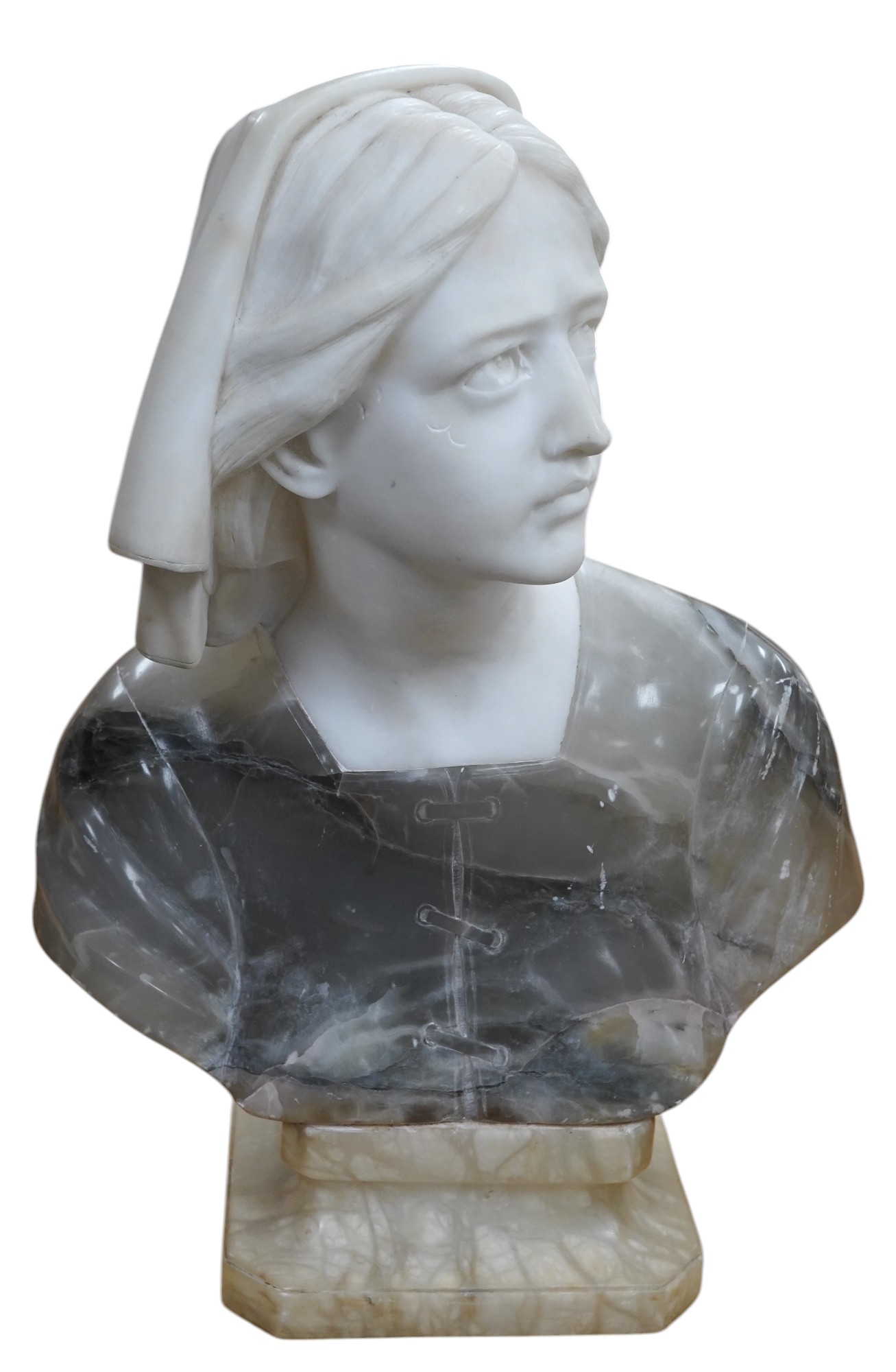 A French variegated alabaster bust of a young woman, 47cm high. Condition - scratch to top side of left cheek